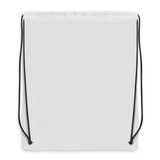 A white drawstring backpack with black straps and a simple design, featuring a small logo.