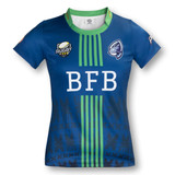 A blue women's rugby t-shirt featuring green stripes and a logo. Designed for sports uniforms.
