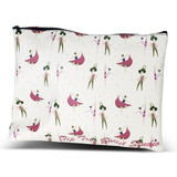 A large cosmetic bag featuring a ballet-themed design with dancers in shades of pink, green, and cream. It has a logo.