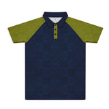 A custom men's active polo featuring a navy body with green patterned sleeves and a collared neckline.