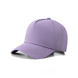 A purple 5 panel cap made from 280gsm 100% cotton drill with a logo.