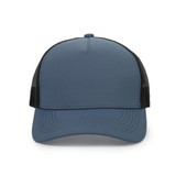 A blue trucker cap with a solid front and black mesh sides, featuring a logo on the front.