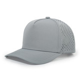 A grey 5 panel sports mesh cap with a curved brim and ventilation holes, featuring a logo on the front.