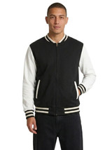 A men's unisex wool blend varsity jacket featuring black and white colours, with a logo on the chest and striped cuffs.