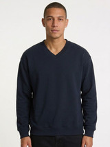 A unisex V-neck fleece jumper in navy blue, featuring long sleeves and a classic fit. It has a logo on the front.