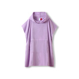 A lavender hooded towel featuring a kangaroo pocket and a branding logo. Made of 380gsm cotton for comfort.