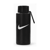A drink bottle in black with a silver logo, featuring a secure lid and a carry strap.