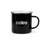 A black enamel mug with a silver rim and a branded logo. Simple, sturdy design with a handle.