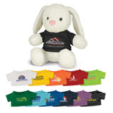 A white plush rabbit wearing a black t-shirt, surrounded by various colourful toy t-shirts in multiple shades.