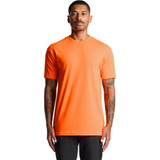 An orange work t-shirt with a round neck and short sleeves, featuring a logo on the front.