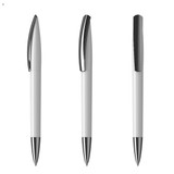 A plastic pen in white and silver, featuring a sleek design and a logo on the barrel.