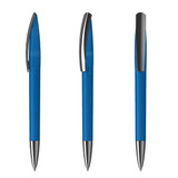 A blue plastic pen with a silver clip, showcased from three different angles.