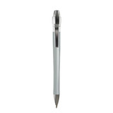 A silver metal pen with a sleek design and a clip, featuring a small logo at the top.