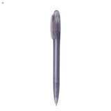 A transparent purple plastic pen with a rounded top and clip. It features a simple design and branding.