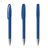 A blue plastic pen featuring a cap and a silver tip, displayed from multiple angles. The pen has a logo.