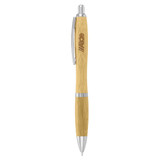 A bamboo pen in a natural wood finish with silver accents and a branding logo.