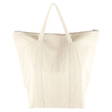 A cotton cooler bag in a light cream colour with two sturdy handles and a zip closure. It features a logo.