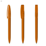 An orange transparent plastic pen with a click mechanism and a removable cap, featuring a logo.