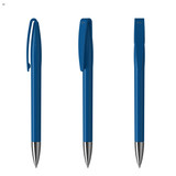 Three blue metal pens with sleek designs, featuring a clip and silver-tone accents. The pens have branding on them.