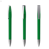 A green metal pen with a silver clip, displayed from three different angles.