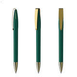 A metal pen in green with gold accents, featuring a sleek design and a clip. It has a logo on the barrel.