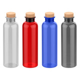 A drink bottle set featuring clear, red, blue, and dark grey bottles with cork lids and a logo.
