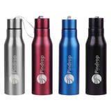 A drink bottle set featuring silver, red, blue, and black bottles, each with a logo on the front.