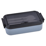 A blue lunch box with 304 stainless steel utensils inside, featuring a transparent lid and black accents.