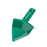 A green cake cutter with a serrated edge and a handle, featuring a logo.