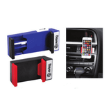 A mobile phone car stand in blue and black, featuring red accents, designed for securing devices in vehicles.