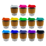 A set of 15 reusable glass coffee cups with cork sleeves and colourful lids in various colours.