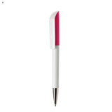 A plastic pen featuring a white barrel and a pink cap, complete with a silver tip and branding.