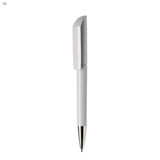 A plastic pen in white with a sleek design and a silver tip, featuring a branding logo on the barrel.