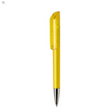 A yellow plastic pen with a transparent body and a silver tip, featuring a branding logo.