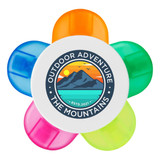 A flower-shaped highlighter set featuring pink, green, blue, orange, and yellow segments, with a central logo.
