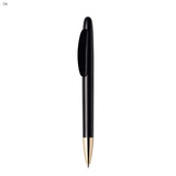 A metal pen featuring a sleek black body with a gold-tone tip and clip, also showcasing a logo.