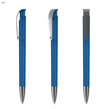 A blue plastic pen with a silver clip, displayed from three different angles. It features a transparent barrel.