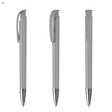 A trio of metallic grey plastic pens with sleek designs, each featuring a clip and a shiny silver tip.
