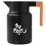 A drink bottle in matte black with a wooden handle and a logo on the front.