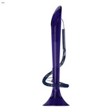 A purple, tall plastic pen with a coiled cord and a base, featuring a logo on its body.