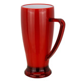 A red plastic mug with a curved handle and a wide base, featuring a smooth exterior and a glossy finish.