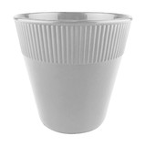 A plastic cup in white, featuring a ribbed texture on the upper half and a smooth lower half.
