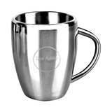 A stainless steel mug with a curved design and a smooth handle. It features a logo on the front.