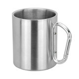 A stainless steel coffee mug with a silver finish and a carabiner-style handle. Includes a branding logo.
