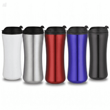 A collection of travel mugs in white, silver, red, blue, and black, featuring a lid and a logo.