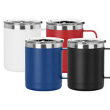 A drink bottle featuring a sleek design in white, blue, red, and black, with a silver lid and handle.