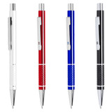 Metal pens in white, red, blue, and black with a textured grip and silver accents. Each pen features a branding logo.