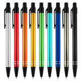 A collection of metal pens in silver, red, orange, green, blue, black, and gold, featuring a logo on each pen.