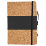 A cork notebook with a black band and a pen attached, featuring a sleek, minimal design.