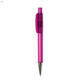 A plastic pen in vibrant pink with a transparent barrel and a silver tip, featuring a logo.
